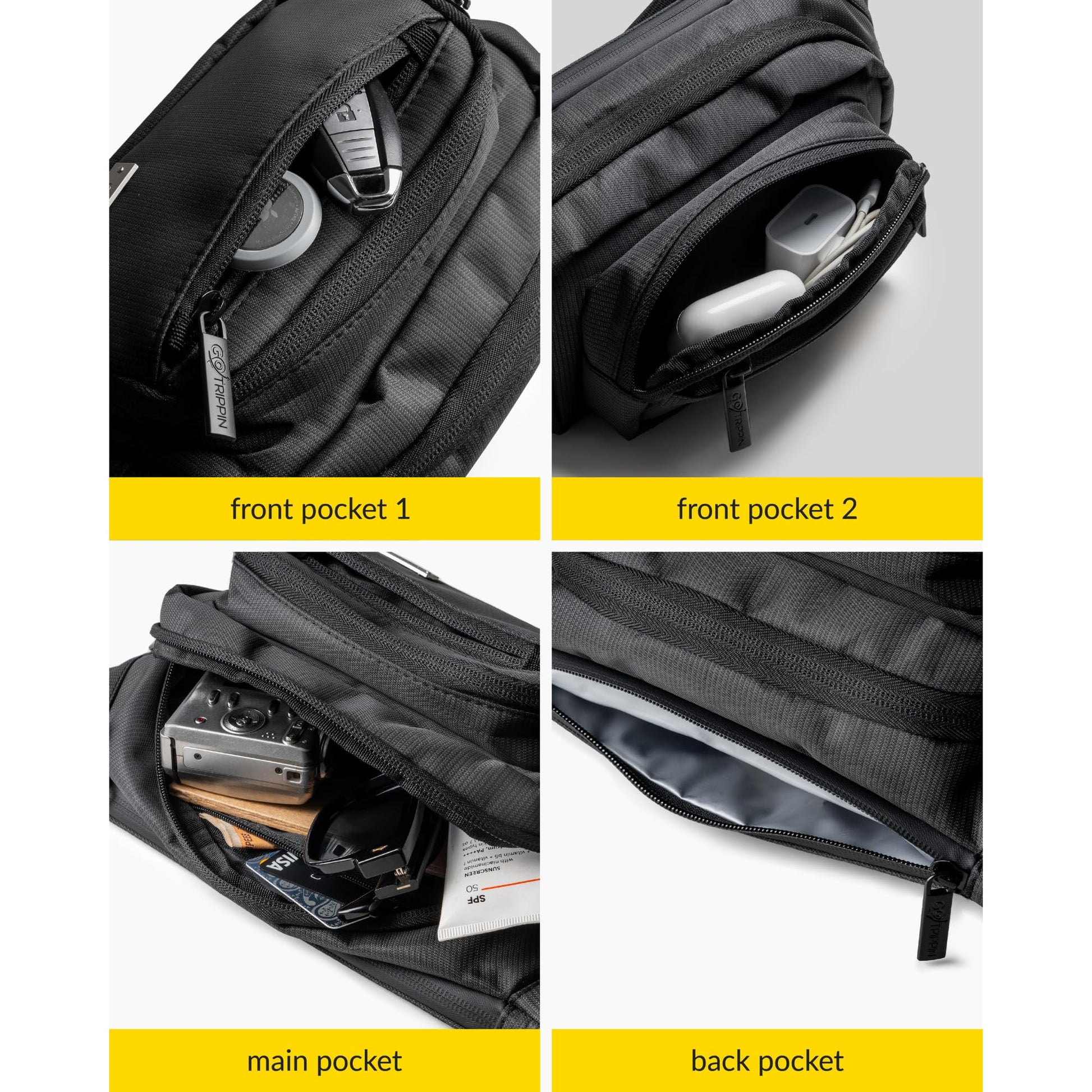 GoTrippin by Destinio Waist Bags for Men Women- Premium Stitching, Branded Zippers, Waterproof Pocket, RFID Safe- Large Fanny Pack for Hiking Travel, Money Belt (Polyester, Black) - Itsmygadgets