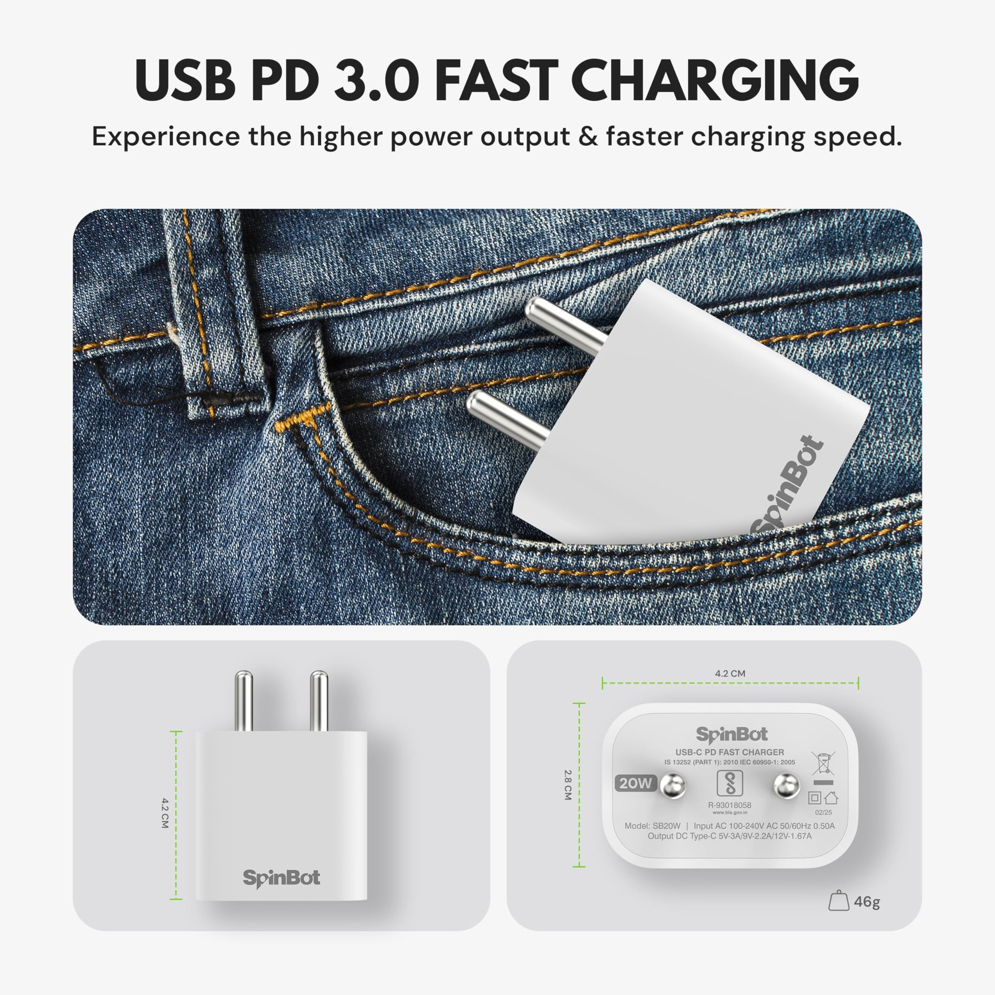 SpinBot 20W Type-C Mobile Charger for Android, iPhone 16/16 Plus/16 Pro/16 Pro Max - Itsmygadgets