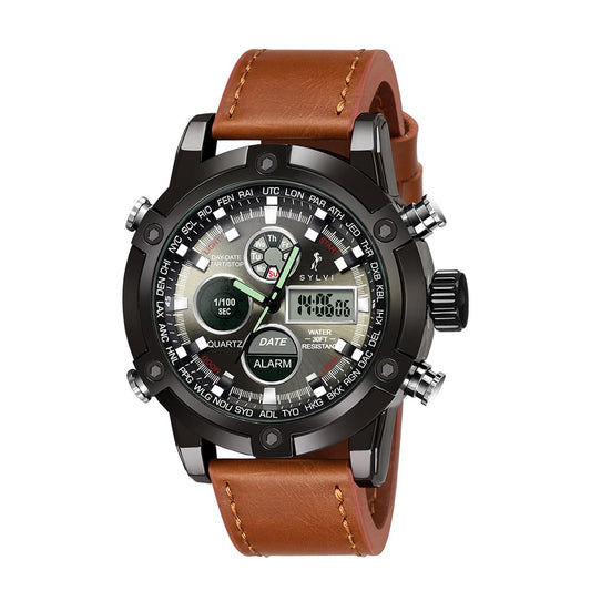 Sylvi Analogue-Digital Luxury Black Dial Leather Strap Multi-Functional Casual Business Calendar Wrist Watch for Men and Boys, Pack of 1 - RRSY3022 - Itsmygadgets