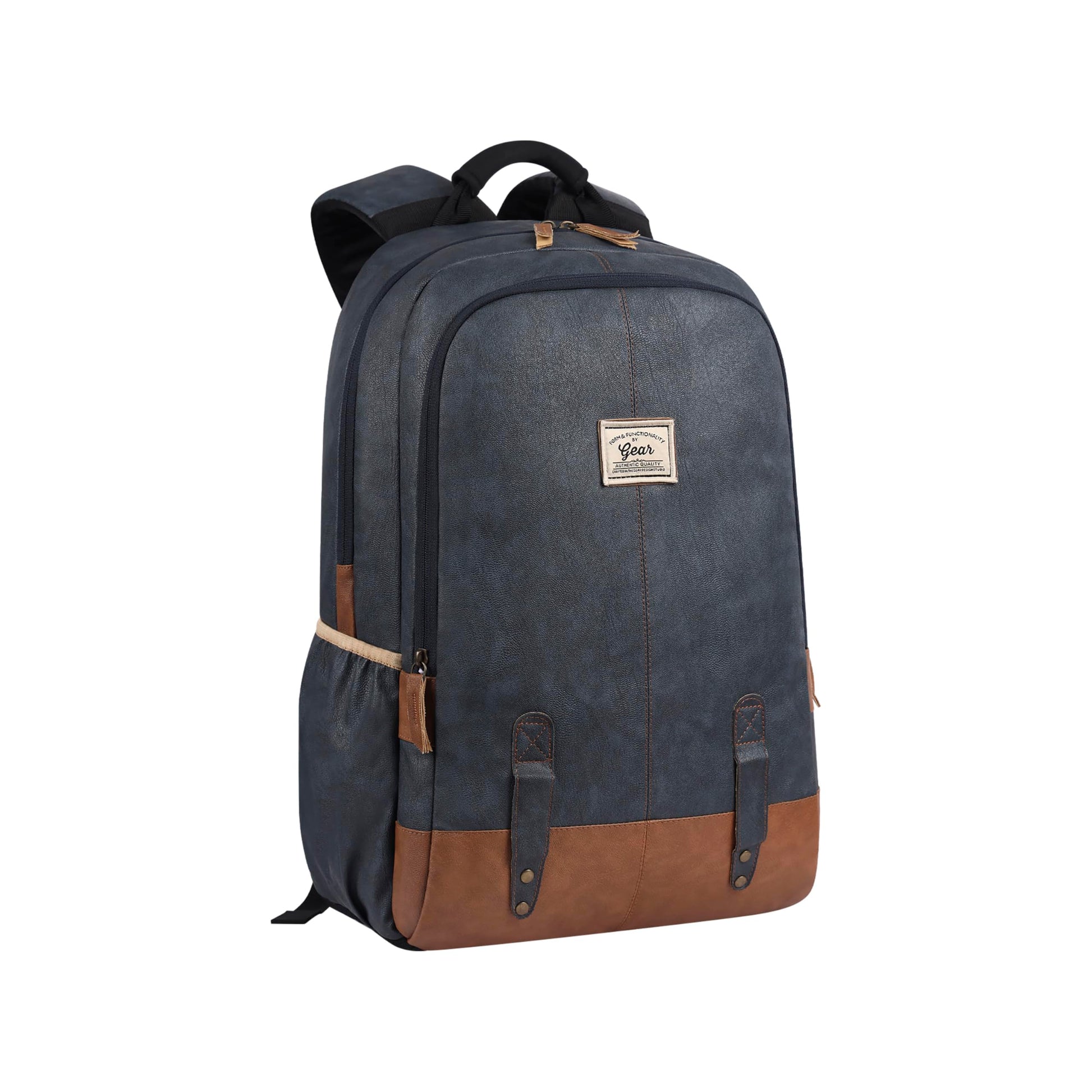 Gear Classic 20L Small Faux Leather Water Resistant Anti Theft 3 Compartment Laptop Backpack/Backpack for Men/Women (Navy-Tan) - Itsmygadgets