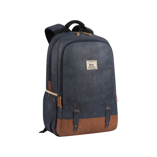 Gear Classic 20L Small Faux Leather Water Resistant Anti Theft 3 Compartment Laptop Backpack/Backpack for Men/Women (Navy-Tan) - Itsmygadgets