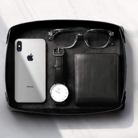 DailyObjects Valet Vegan Leather Tray|Desk Tray Organiser|Organiser For office, Home, Living Room|Button Opening|Water Resistent - Black, Rectangular - Itsmygadgets
