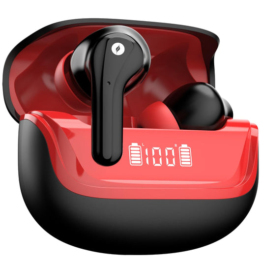 Leaf Buds X214 True Wireless Earbuds AI Sound App, 40H Playtime, AI ENC, HD Calling, 2 EQ Modes, Fast Charging(10min=210min), 13mm Driver with Deep Bass, Bluetooth v5.4 TWS (Blood Black) - Itsmygadgets