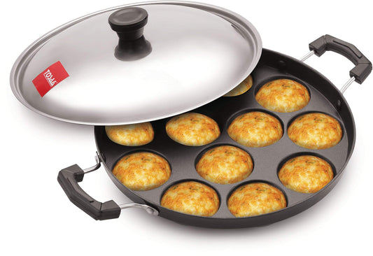 Tosaa Aluminium 12 Cavity Appam Patra Paniyarakkal Two Side Handle with Steel lid & Wooden - Itsmygadgets
