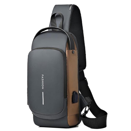 SKYTONE Anti Theft Unisex Waterproof Side Bag, USB Charging port Shoulder Backpack With Multifunctional Use for Travel, Hiking, Camping, Daily Out (Grey & Golden) - Itsmygadgets