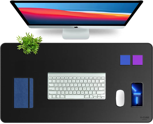 V-CUBE Designs Premium Vegan Leather Desk Mat 90X45cm 2.4mm Thick&Padded|Laptop Mat/Extended Mouse Pad/Stitched, Reversible, Sturdy Deskspread | High Tear/Peel Strength|Anti-Slip,Splash-Proof| Black - Itsmygadgets