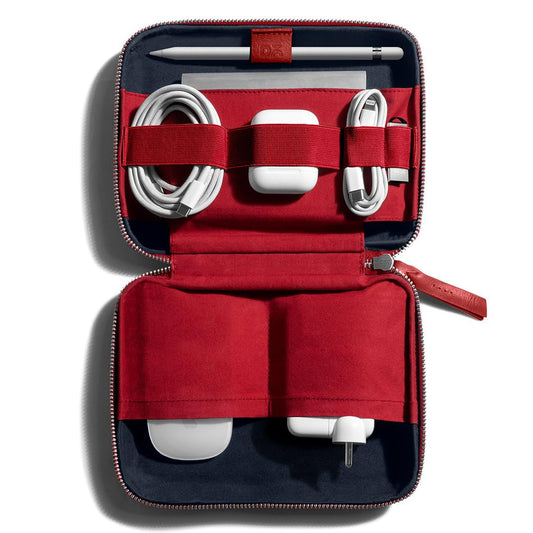DailyObjects Leather Large Travel Digital Electronic Accessories Storage Bag,Portable Gadget Organizer Case,Tech Kit Pouch For Cables,Drive,Charger,Adapters,Power Bank,Charger Wire Organizer (Red) - Itsmygadgets