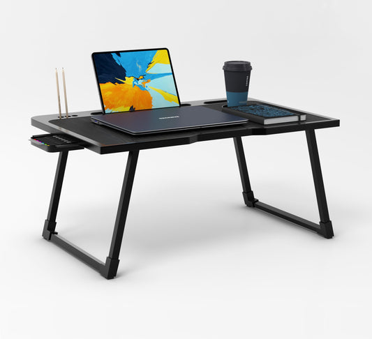 Cubiker Engineered Wood Multipurpose Foldable Laptop Table with Cup Holder | Table Home Study Writing Table, Foldable and Portable/Ergonomic Edges (Black - 60[L] X 40[W] X 24[H] Cm) - Itsmygadgets